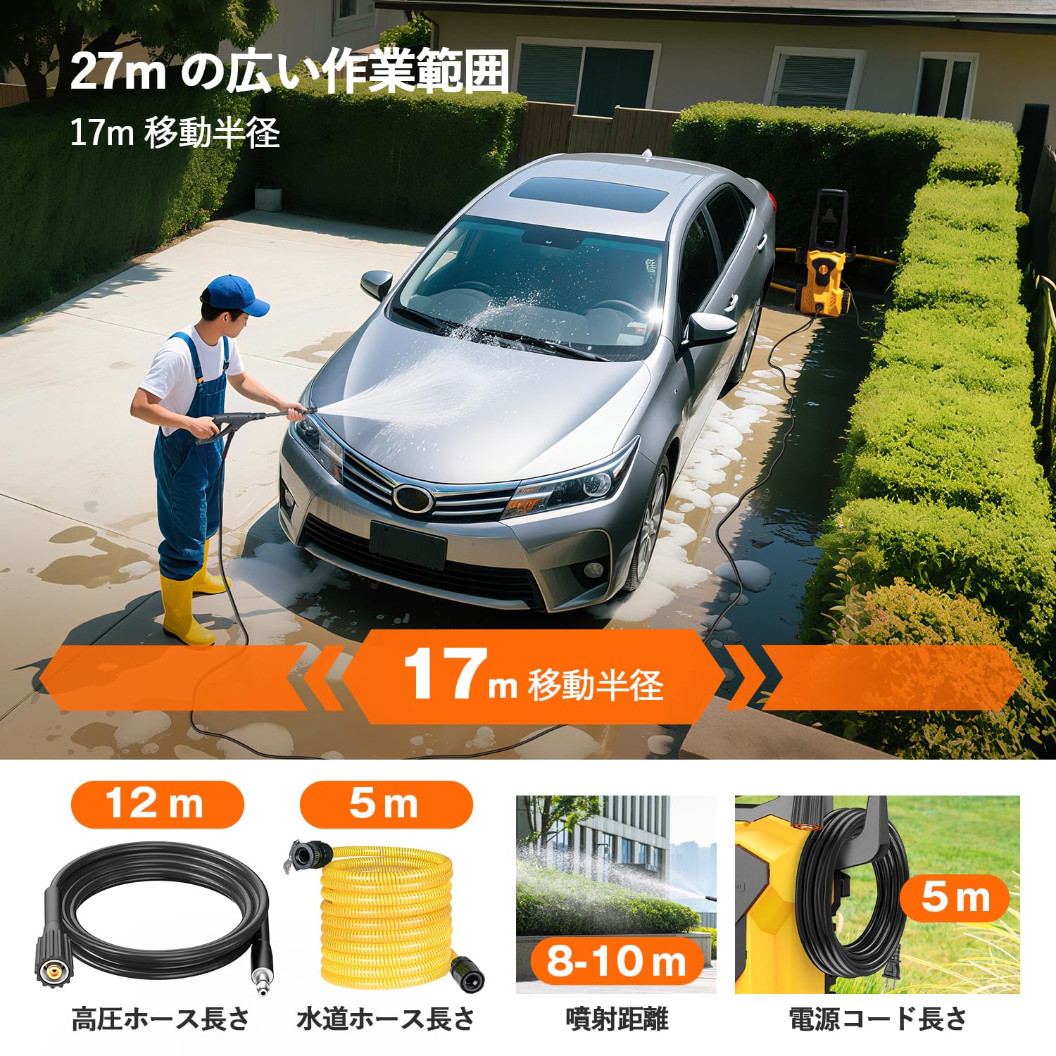 Amazon | Amison 高圧洗浄機 3種類のノズル付き 27mの作業範囲 最大